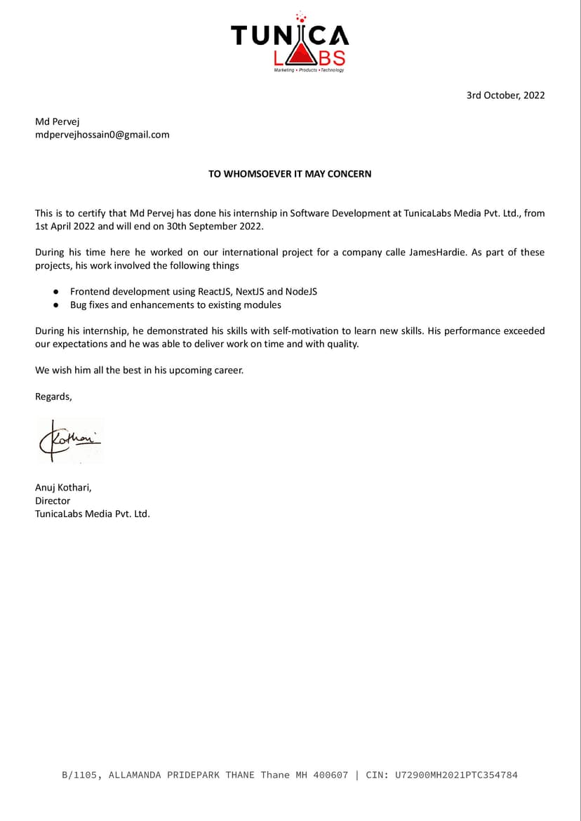 Tunicalabs Media Pvt Ltd - Internship Completion Letter